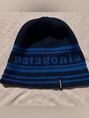 Patagonia REVERSIBLE Powdertown Blue and Black Patterned Beanie